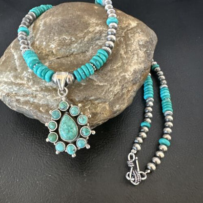 Navajo Blue Turquoise Cluster Pendant Necklace | Sterling Silver | Native American Handmade | 15815