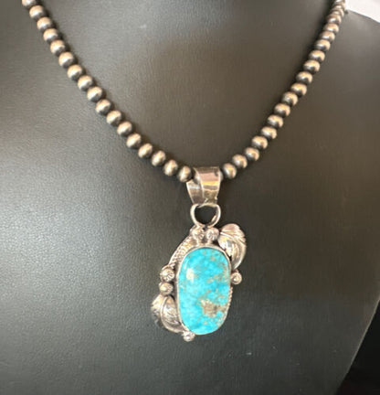 Navajo Kingman Turquoise Pendant Necklace | Sterling Silver | Native American Handmade | 15211
