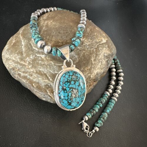 Navajo Men's Blue Spiderweb Turquoise Pendant Necklace | Sterling Silver | 17081