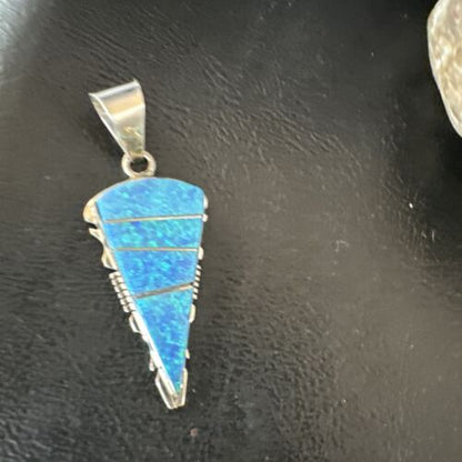 Arrowhead Blue Opal Inlay Pendant Necklace | Navajo Sterling Silver | Authentic Native American Jewelry | 15676