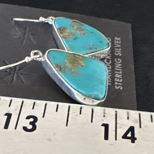 Navajo Blue Turquoise Dangle Earrings | Sterling Silver | Authentic Native American Handmade | 15438