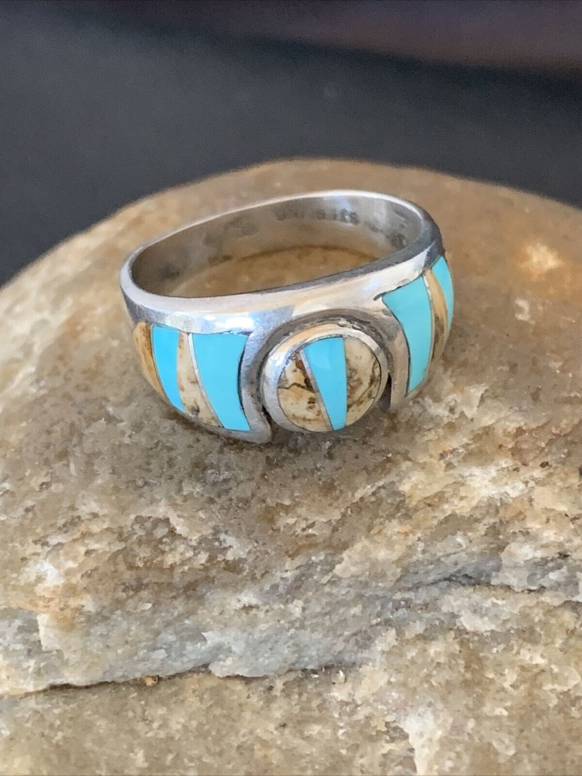 Navajo Coffee Picture Jasper Turquoise Inlay Ring | Sterling Silver | Sz 8.5 | 10982