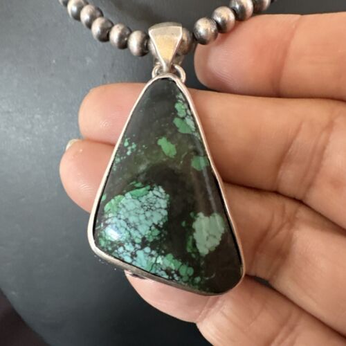 Men's Navajo Sterling Silver Necklace Pendant | Green Spiderweb Turquoise | Authentic Native American Handmade | 16215