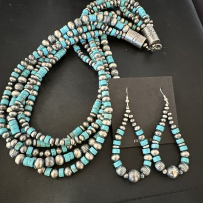 Navajo Sterling Silver 5 Strand 8mm Turquoise Heishi Necklace & Earrings Set | 20" | 17184
