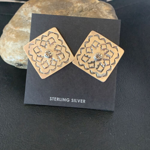 Navajo Stamped Square Earrings | Sterling Silver | Authentic Native American Handmade | 1198