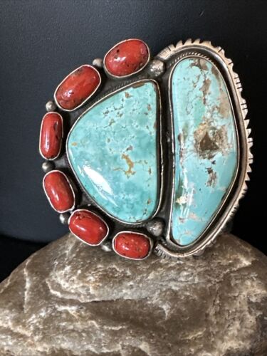 Navajo Green Royston Turquoise Coral Cuff Bracelet | Sterling Silver | Authentic Native American Handmade | 15309