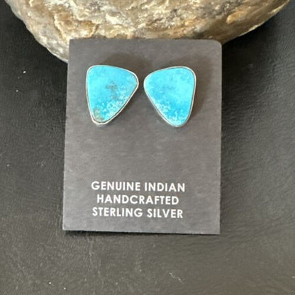Navajo Blue Kingman Turquoise Post Stud Earrings | Sterling Silver | Authentic Native American Handmade | 17412