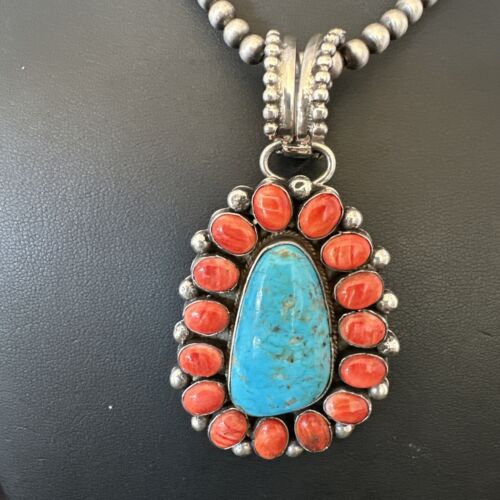 Navajo Turquoise Spiny Oyster Cluster Pendant Necklace | Sterling Silver | Native American Handmade | 17152