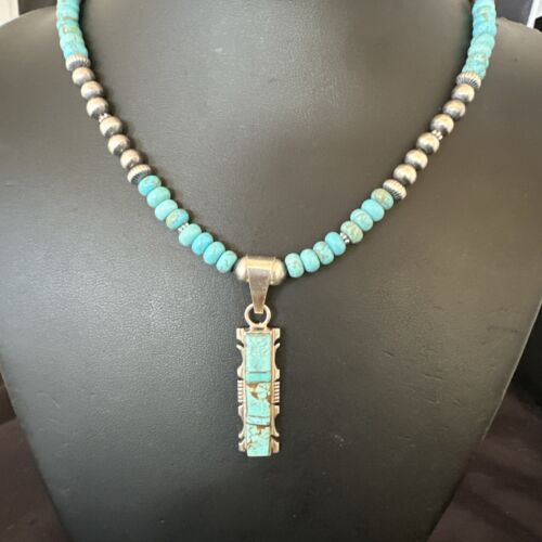 Turquoise #8 Inlay Pendant Necklace | Navajo Sterling Silver | Authentic Native American Handmade | 17072