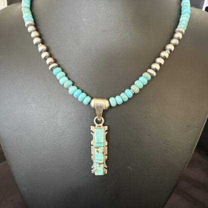 Turquoise #8 Inlay Pendant Necklace | Navajo Sterling Silver | Authentic Native American Handmade | 17072