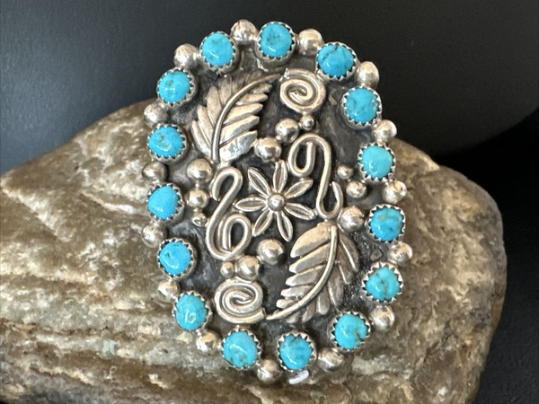 Navajo Blue Kingman Turquoise Cluster Ring | Authentic Native American Sterling Silver | Multi-Stone | Adjustable Sz 8 | 16324