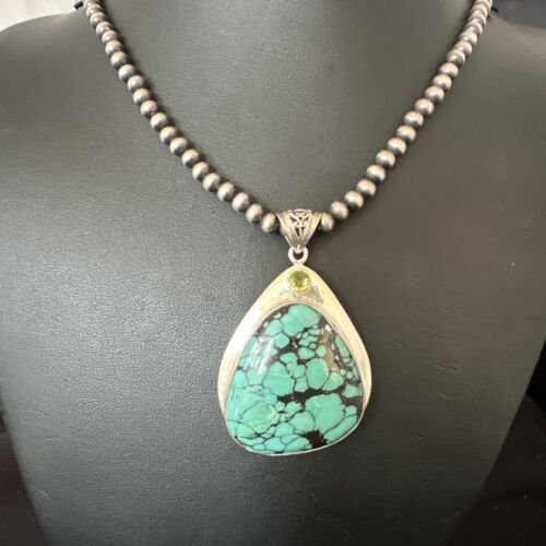 Men's Navajo Blue Spiderweb Turquoise Pendant Necklace | Sterling Silver | Authentic Native American Handmade | 16202