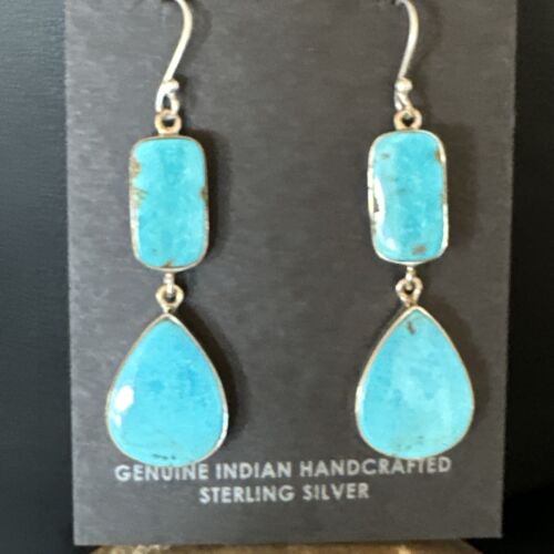 Navajo Blue Kingman Turquoise Dangle Earrings | Sterling Silver | Authentic Native American Handmade | 15123