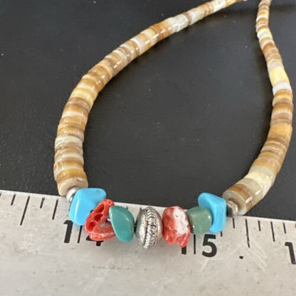Authentic Native American Santo Domingo Shell Red Coral Blue Turquoise Onyx Necklace | 18" | 16946