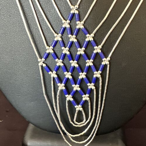 Crisscross Blue Lapis Heishi Necklace | 5 Strand Liquid Sterling Silver | 22" | 15882