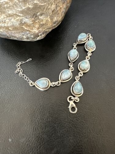 Navajo Blue Larimar Link Bracelet | Sterling Silver | 8" | Authentic Native American Handmade | 16083