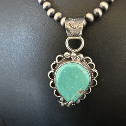Navajo Blue Turquoise Pendant Necklace | Sterling Silver Pearls | Authentic Native American Handmade | 15656