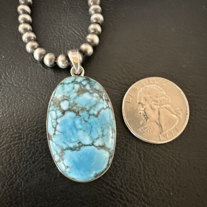 Navajo Blue Spiderweb Turquoise Pendant Necklace | Sterling Silver | Authentic Native American Handmade | 17027