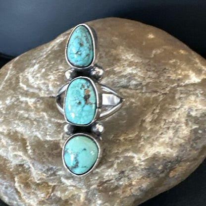 Navajo Blue Turquoise Multi-Stone Cluster Ring | Authentic Native American Sterling Silver | Sz 7.5 | 17842