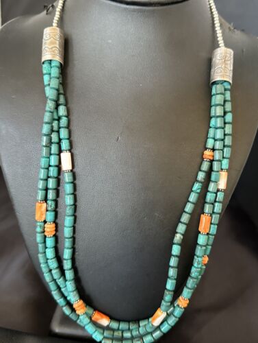 Navajo Blue Turquoise Spiny Oyster Necklace | Sterling Silver | Authentic Native American Handmade | 17535