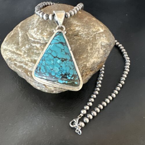 Men's Navajo Blue Spiderweb Turquoise Pendant Necklace | Sterling Silver | Authentic Native American Handmade | 16214