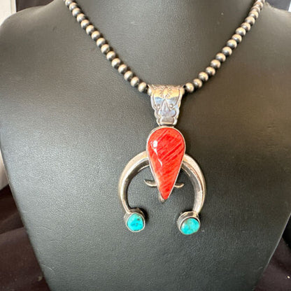 Navajo Blue Turquoise Red Spiny Oyster Naja Pendant | Sterling Silver | Authentic Native American Handmade | 16409
