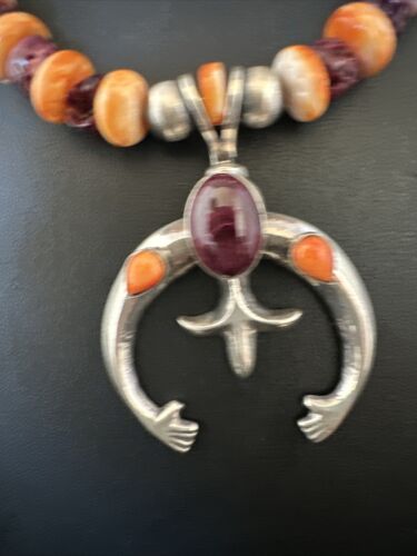 Navajo Orange Purple Spiny Oyster Naja Pendant Necklace | Sterling Silver | Authentic Native American Handmade | 15536