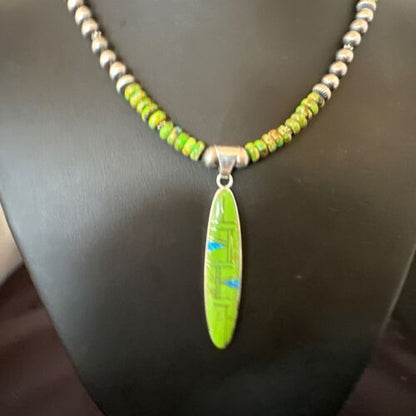 Navajo Green Gaspeite & Turquoise Inlay Pendant Necklace | Sterling Silver | 22" | Authentic Native American Handmade | 16765