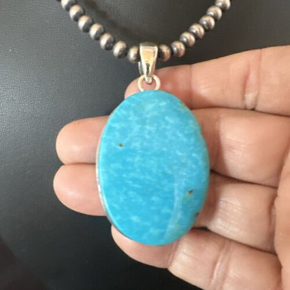 Blue Kingman Turquoise Pendant | Navajo Pearls | Sterling Silver Necklace 20" | 16689