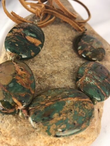 Navajo Green Turquoise Necklace | Sterling Silver | Leather Cords | Authentic Native American Handmade | 17550