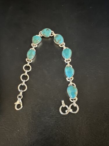 Navajo Blue Turquoise Link Bracelet | Sterling Silver | 8" | Authentic Native American Handmade | 15475