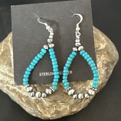 Navajo Teal Blue Turquoise 4mm Bead Earrings | Sterling Silver Pearls | 2" | Authentic Native American Handmade | 16823