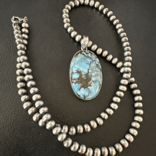 Navajo Blue Spiderweb Turquoise Pendant Necklace | Sterling Silver | Authentic Native American Handmade | 17022