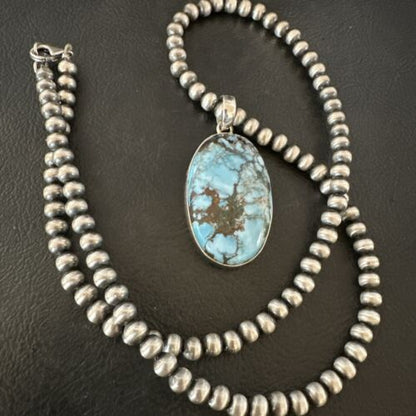 Navajo Blue Spiderweb Turquoise Pendant Necklace | Sterling Silver | Authentic Native American Handmade | 17022
