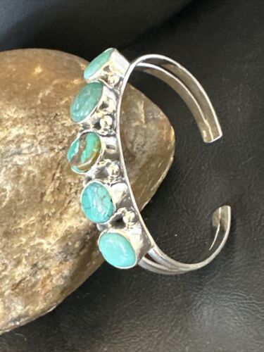 Women's Blue Turquoise 5-Stone Cuff Bracelet | Navajo Sterling Silver | Authentic Native American Jewelry | 16280