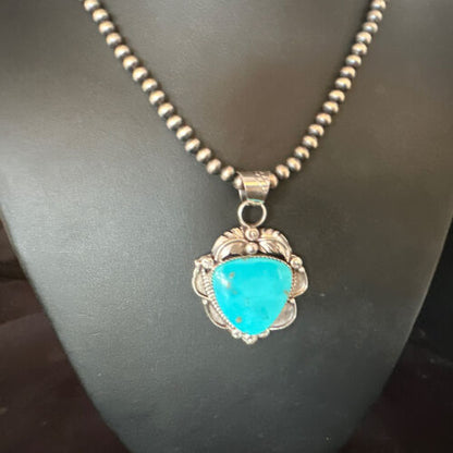 Navajo Kingman Turquoise Pendant Necklace | Sterling Silver Pearls | Authentic Native American Handmade | 15215