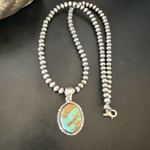 Navajo Blue Turquoise #8 Pendant | Sterling Silver Necklace with Pearls | Authentic Native American Handmade | 16353 - Masha USA