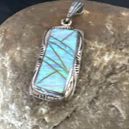 Navajo Blue Fire Opal Inlay Pendant | Sterling Silver | Authentic Native American Handmade | 16484