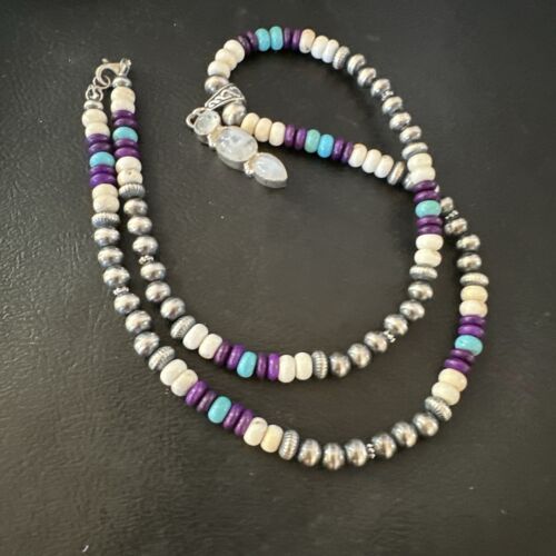 Navajo White Mother of Pearl, Turquoise, Sugilite Pendant Necklace | Sterling Silver | 16929