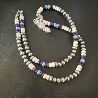 Navajo White Mother of Pearl, Turquoise, Sugilite Pendant Necklace | Sterling Silver | 16929