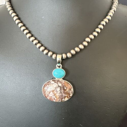 Navajo Wild Horse | Blue Kingman Turquoise Necklace | Sterling Silver | Authentic Native American Handmade | 17339