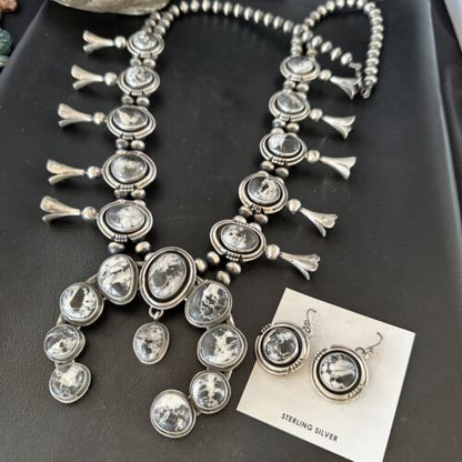 Navajo White Buffalo Turquoise Squash Blossom Necklace & Earrings | Sterling Silver | 16547