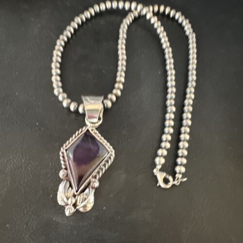 Navajo Pearls Purple Sugilite Pendant Necklace | Sterling Silver Beads | Authentic Native American Handmade | 15377