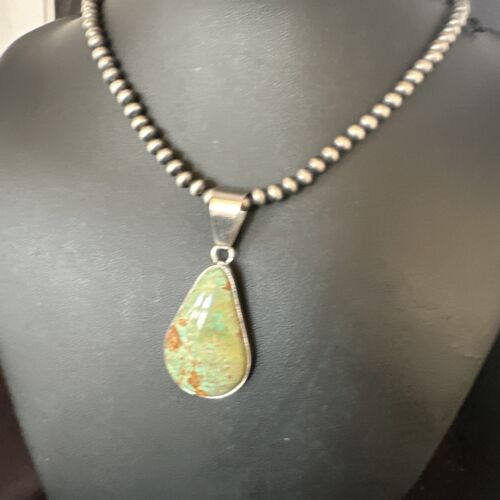 Navajo Green Turquoise Pendant Necklace | Sterling Silver | Authentic Native American Handmade | 15020