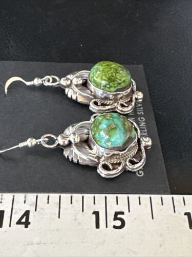 Navajo Green Sonoran Gold Turquoise Dangle Earrings | Sterling Silver | Authentic Native American Handmade | 14914