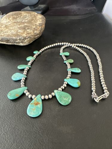Southwestern Navajo Pearls Necklace | Sterling Silver | Green Turquoise Teardrop | 15762