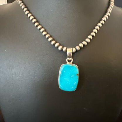Navajo Blue Kingman Turquoise Pendant Necklace | Sterling Silver | 20" | Authentic Native American Handmade | 16998