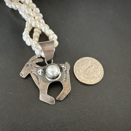 Navajo Old Pawn White Freshwater Pearl Sterling Silver Pendant Necklace | 14" Multi-Strand | 17369