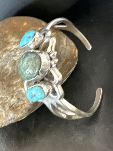Kingman Turquoise Navajo Cuff Bracelet | Sterling Silver Tufa Cast | Authentic Native American Handmade | 16785