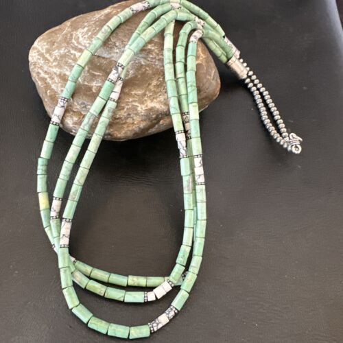 Navajo Pearls Green Turquoise Necklace | Sterling Silver | Authentic Native American Handmade | 3S 17395